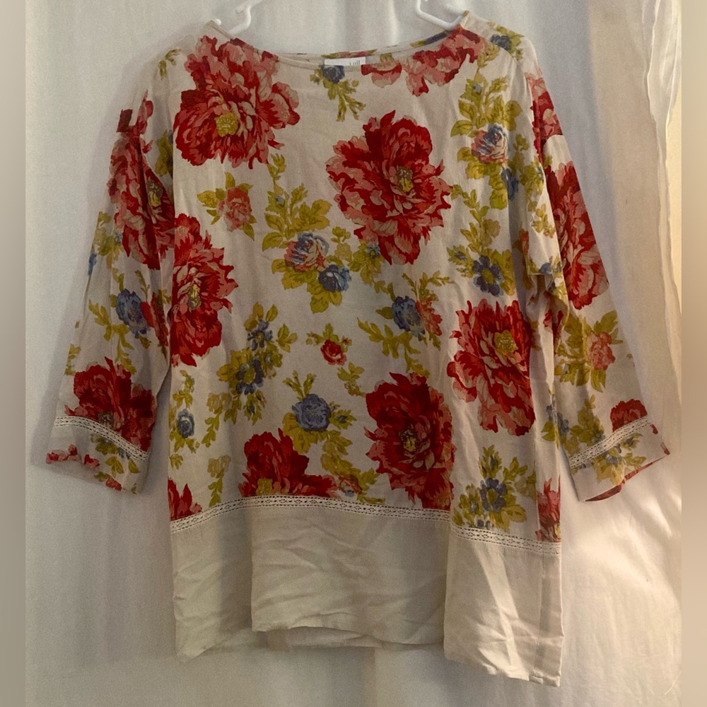 J. Jill Red & Yellow Floral Print 3/4 Sleeve Tunic Top Size XS